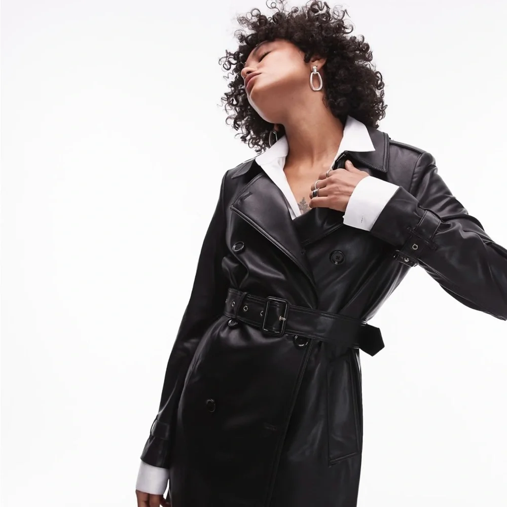 Mango Faux Leather Mid-Length Black Women's Trench Coat - Picture 3 of 7